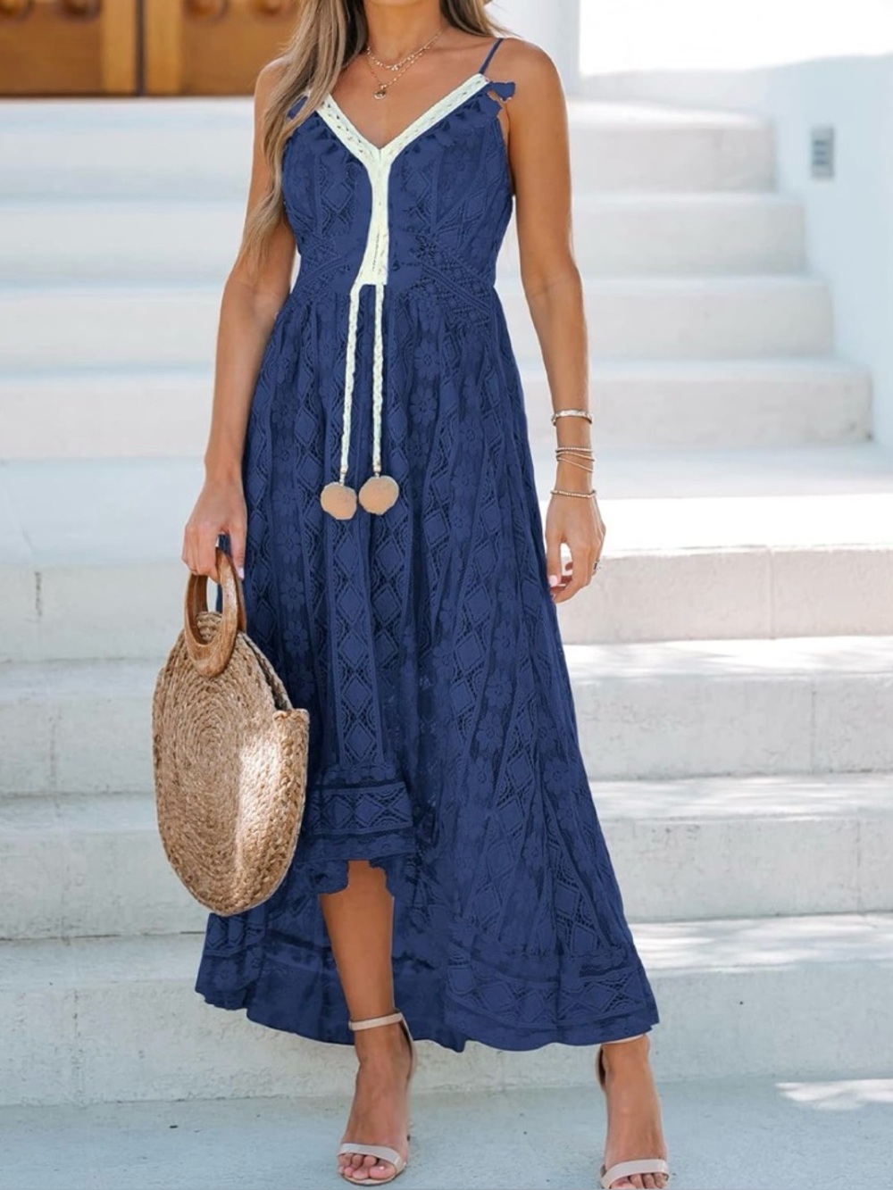 Women’s Navy Lace Maxi Dress with Contrast Trim NEW - Picture 2 of 7